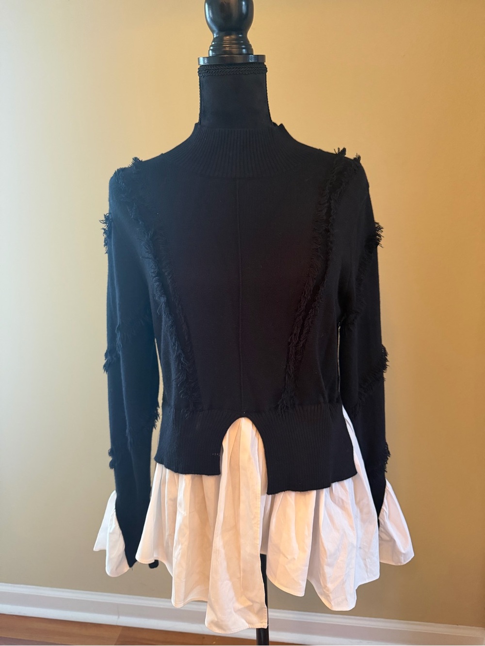 Avantlook Black Frayed Mock Neck Sweater with White Layered Hem